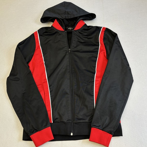 Forever 21 Jacket Mens Small Black Red Full Zip Hooded Long Sleeve Coat Pockets - Picture 1 of 8